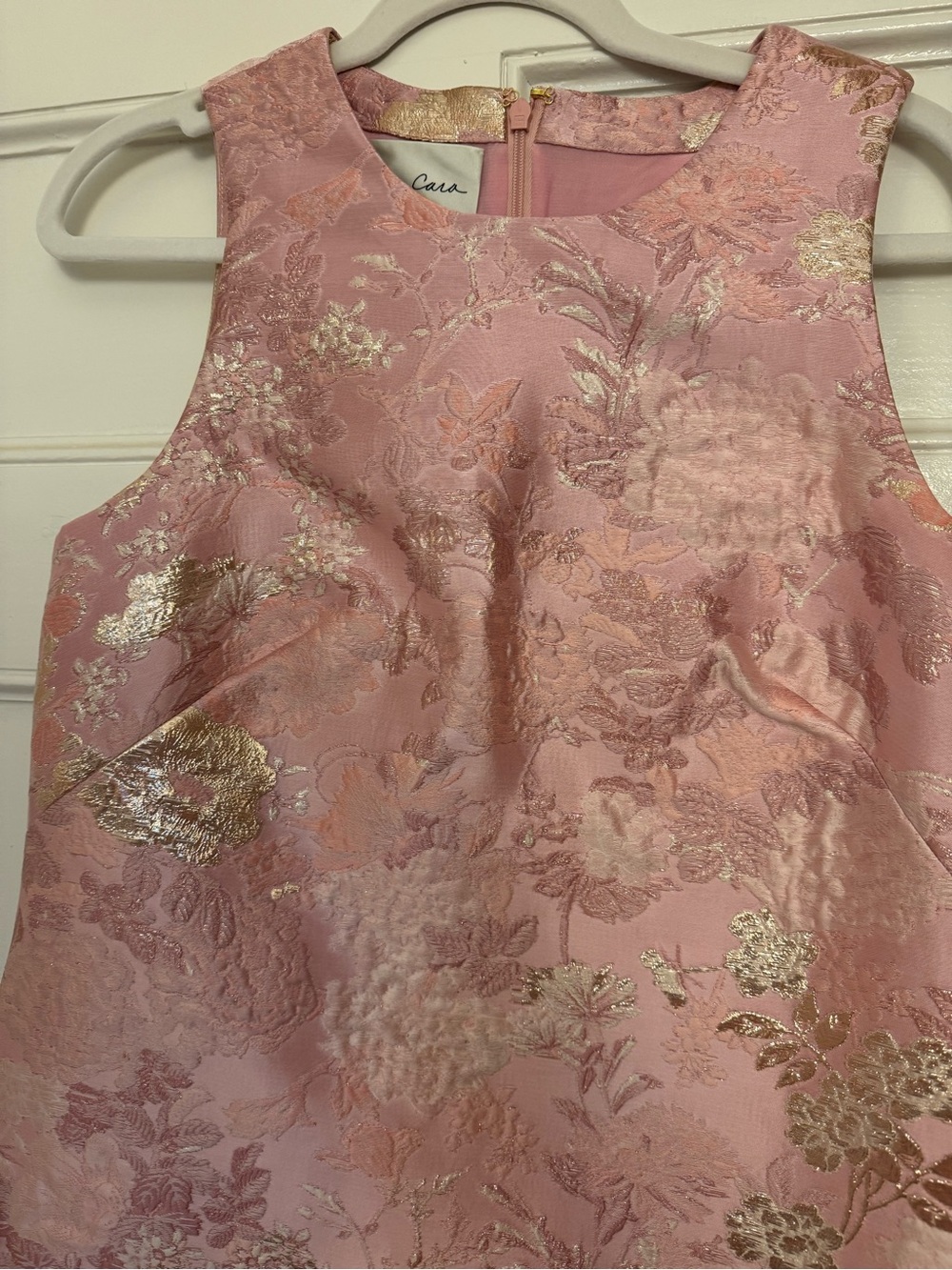 Cara Cara Pink Floral Brocade Dress with Feather Hem - Picture 2 of 5